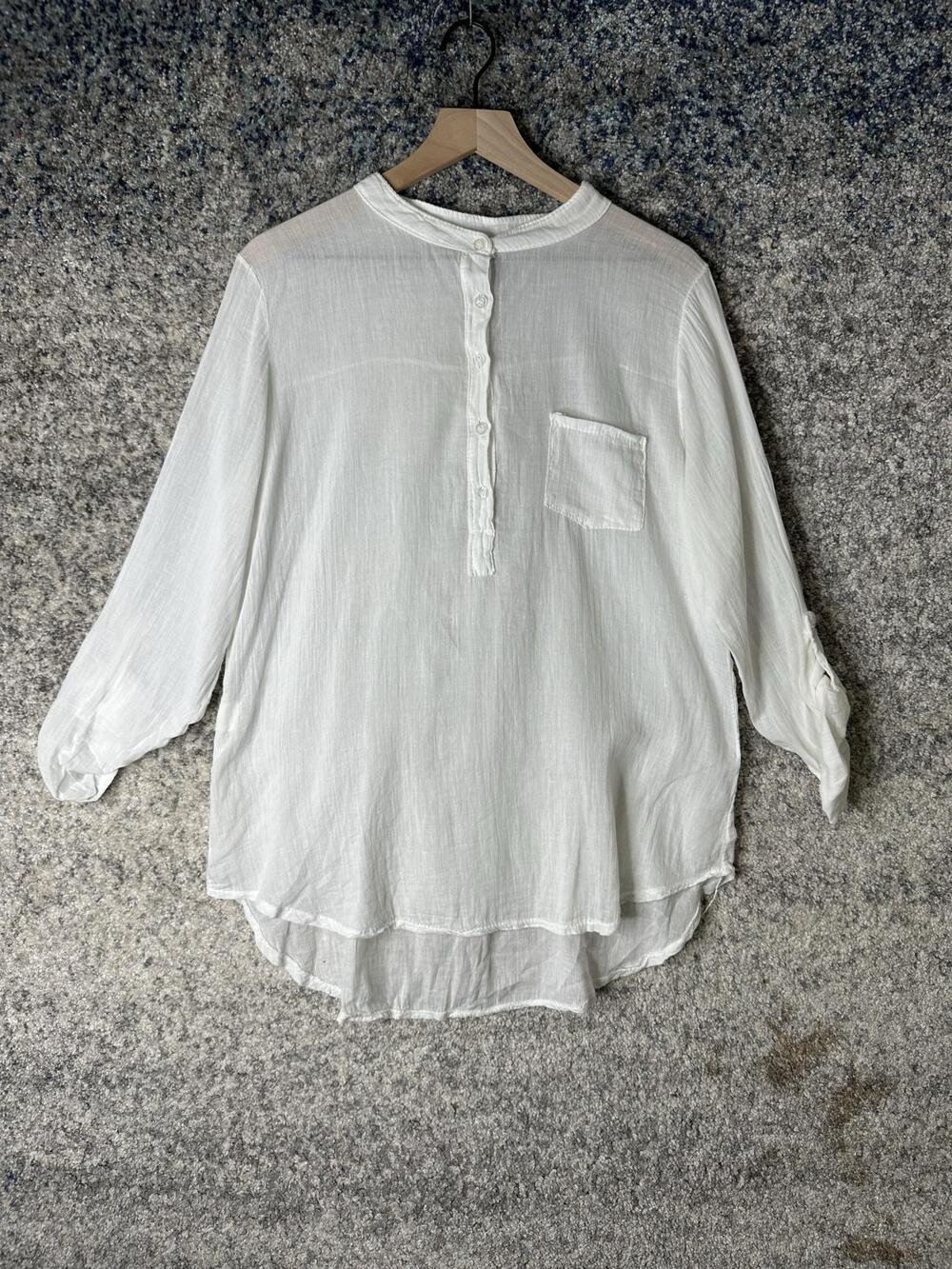 Venti 6 Blouse Womens Small White 100% Cotton Henley Roll Tab Sleeve Tunic Top